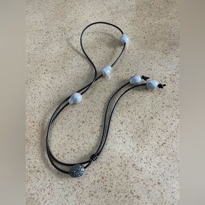 Margo Morrison Brown Leather Necklace with Pearls & Marcasite Bead 36”